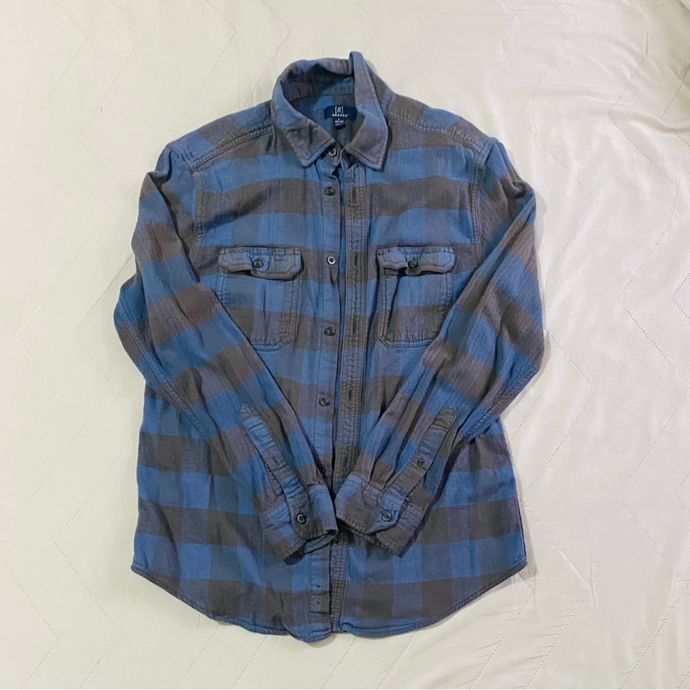George Flannel Shirt Men Size L (42-44) Blue Plaid Long Sleeve Pockets Button Up